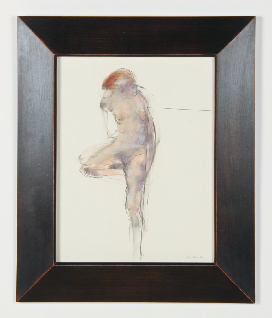 Bruce Samuelson (American, 20th c.) Nude: Bruce Samuelson (American, 20th c.) Nude, 1982, mixed media drawing. Size: 16.5" x 12.75", 42 x 32 cm (sight); 23" x 19.25", 58 x 49 cm (frame).