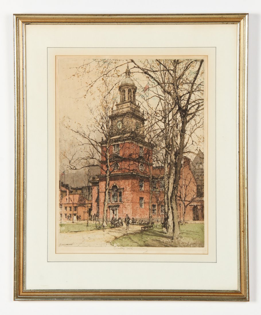 Luigi Kasimir (Austrian, 1881-1962) Philadelphia: Luigi Kasimir (Austrian, 1881-1962) Philadelphia (Independence Hall), aquatint in colors. Size: 18.5" x 14", 47 x 36 cm (sight); 26.5" x 21.75", 67 x 55 cm (frame).