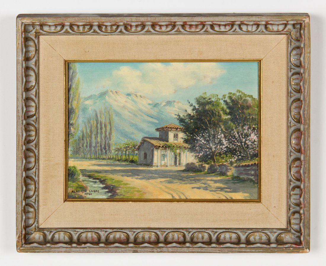 Alberto Lobos (Chilean, 1892-1941): Alberto Lobos (Chilean, 1892-1941) Untitled (Mountain Home), oil on canvas. Size: 9.25" x 12", 23 x 30 cm (stretcher); 14.25" x 17.5", 36 x 44 cm (frame).