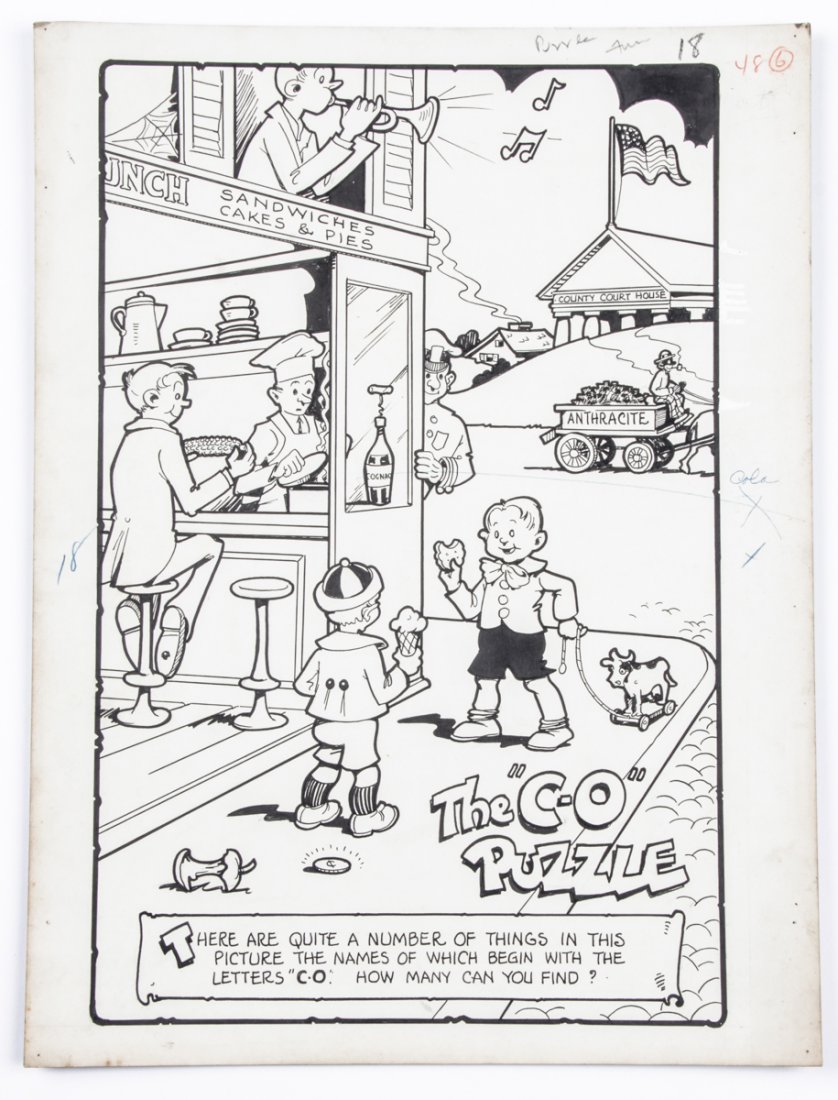 George Carlson Original Illustration Art: George Carlson (American, 1887-1962) Group of Three Original Illustration Art Drawings of Puzzles, ink on paper. Size: 20" x 15" (51 x 38 cm). Provenance: Kristina Barbara Johnson Estate, Princeton, N
