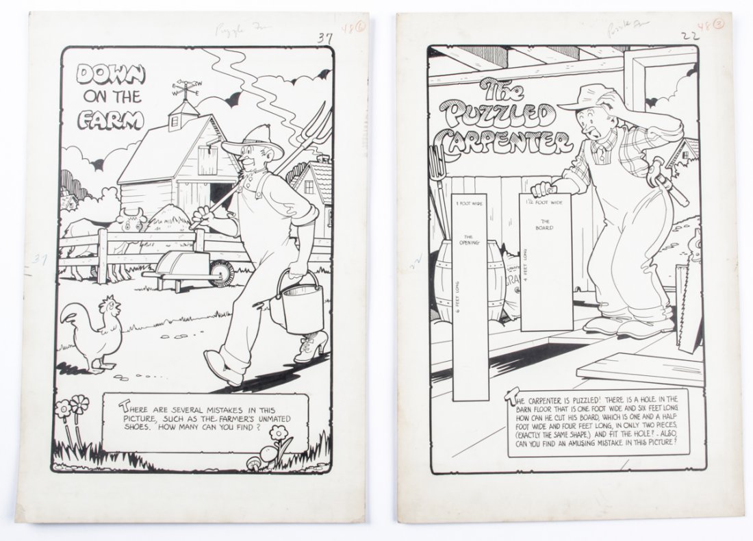George Carlson Original Illustration Art: George Carlson (American, 1887-1962) Pair of Original Illustration Art Drawings for the Puzzle Farm, ink on paper. Size: 22" x 14" (56 x 36 cm). Provenance: Kristina Barbara Johnson Estate, Princeton,