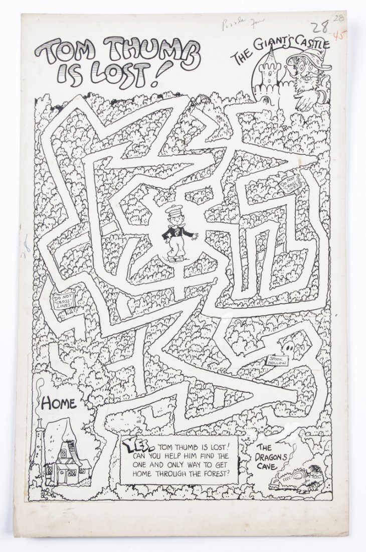 George Carlson Original Illustration Art: George Carlson (American, 1887-1962) Group of 5 Original Illustration Art Drawings from Puzzle Farm, ink on paper. Size: 22" x 14" (56 x 36 cm). Provenance: Kristina Barbara Johnson Estate, Princeton,