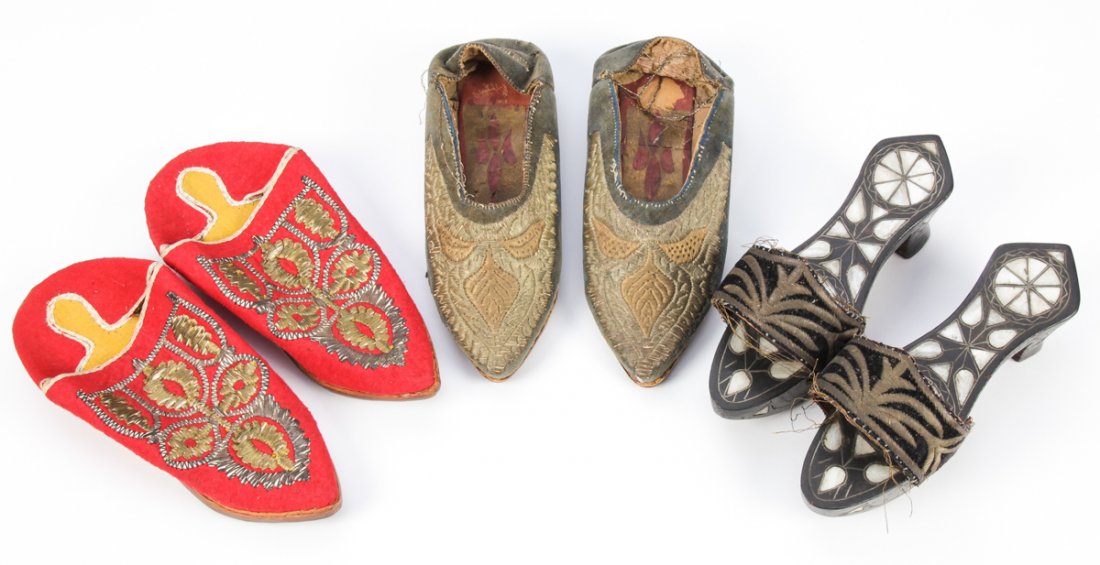3 Pairs of Antique Middle Eastern Shoes: 3 Pairs of Antique Middle Eastern Shoes: 1) Antique handmade Turkish Nalin / Dowry Shoes with elaborate mother of pearl inlay; 2) 19th c. Ottoman slippers; 3) Ottoman slippers (Red), first half of the