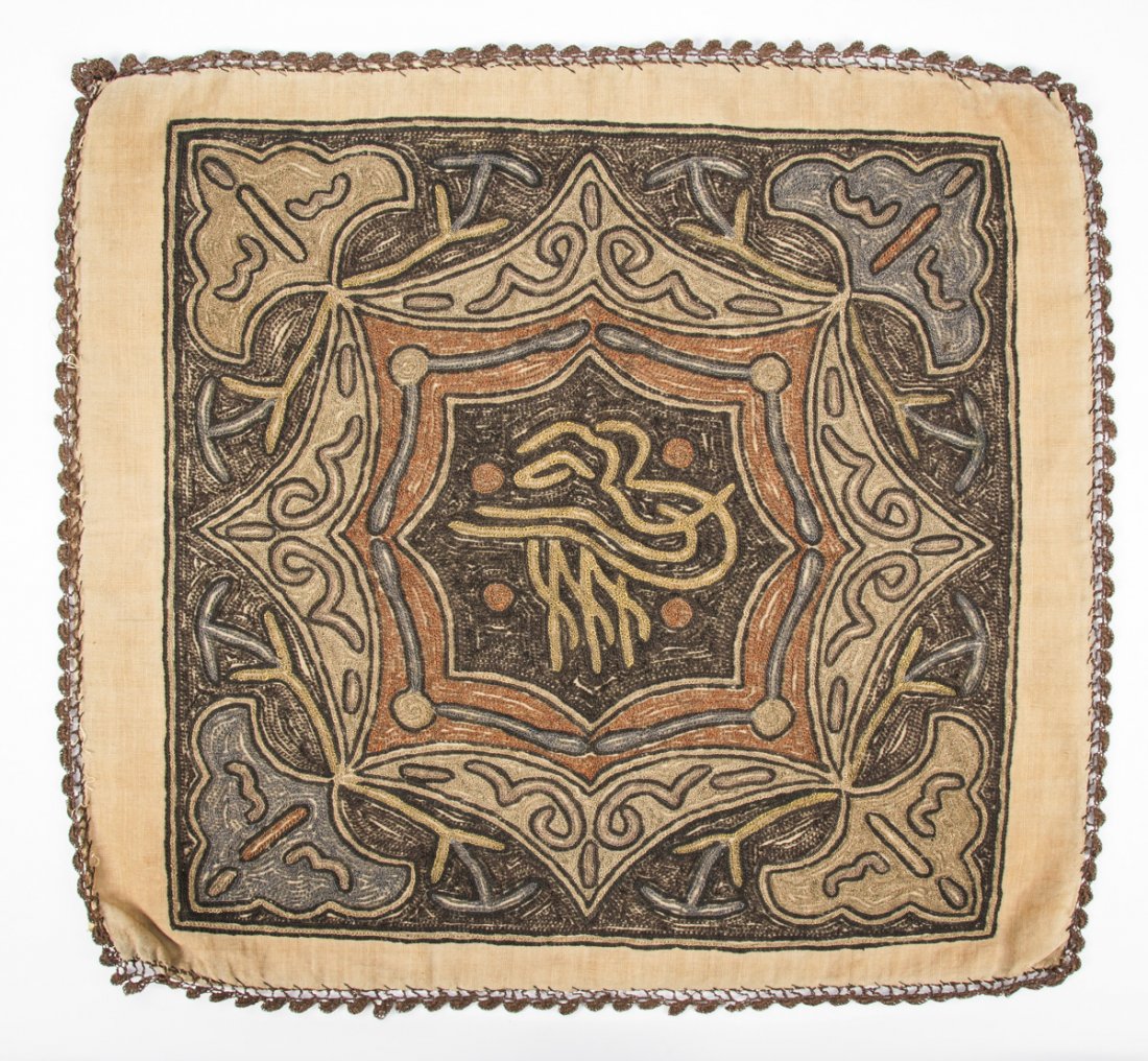 19th c. Middle Eastern Embroidered Textile: 19th c. Middle Eastern Embroidered Textile, highly detailed tambour stitch embroidery featuring central sultans tugra, wool and metallic thread on linen with a silk backing. Size: 17" x 17" (43 x 43 c