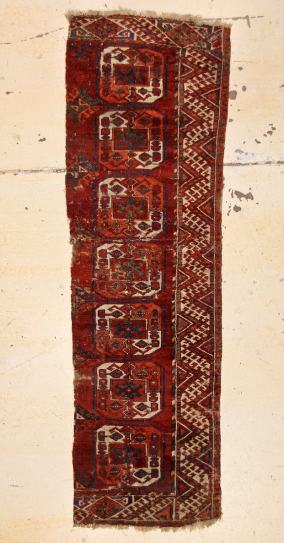 Antique Ersari Large Gul Carpet Fragment: 2'5" x 7'9": Antique Ersari Large Gul Carpet Fragment. Size: 2'5" x 7'9" (29 x 93 cm). Ex Collection Simon Crosby.