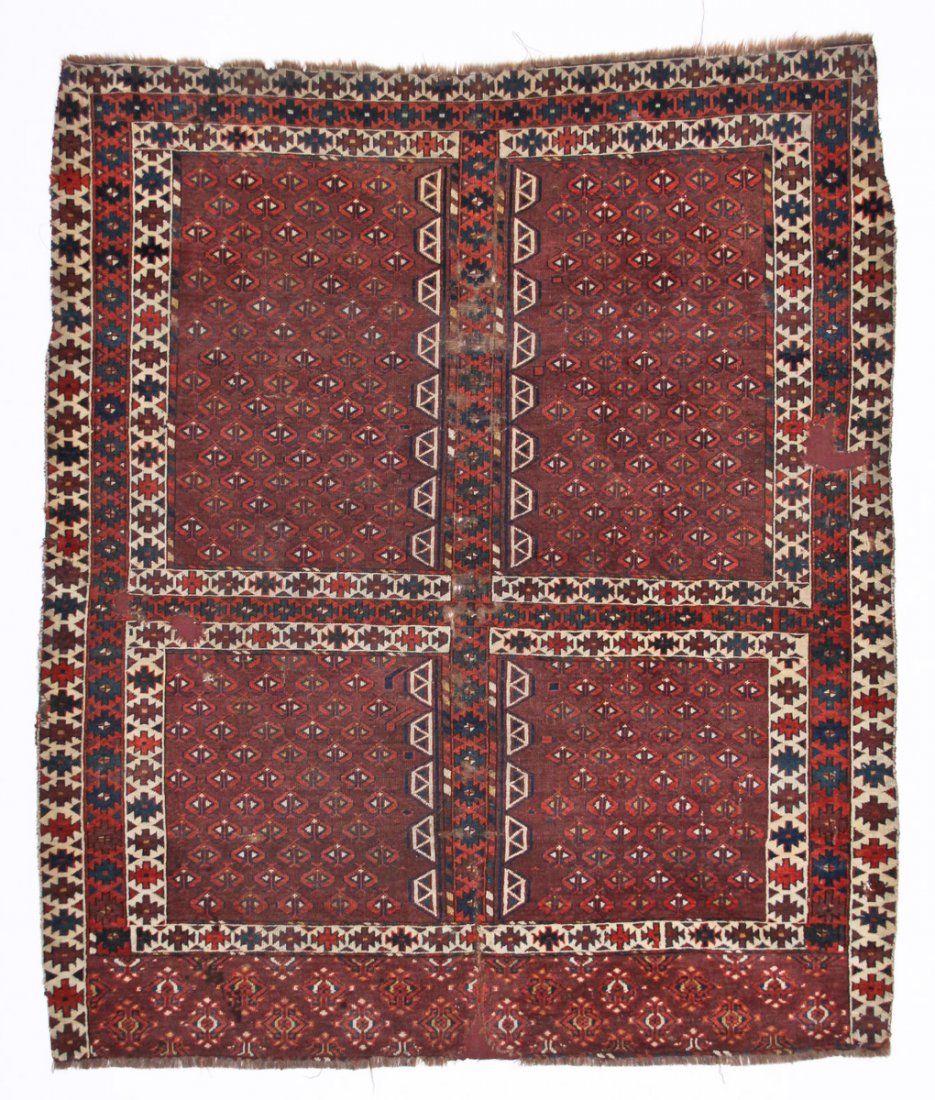 Antique Yomud Ensi Rug: 4'4" x 5'1": Antique Yomud Ensi Rug. Size: 4'4" x 5'1" (132 x 155 cm). Ex Collection Simon Crosby.