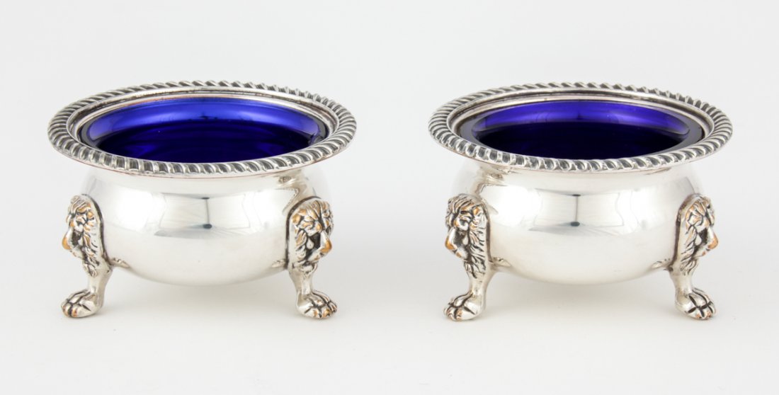 Cobalt Glass Lined Silverplate Master Salt Cellars: Cobalt Glass Lined Silverplate Master Salt Cellars Hallmarked. 3"D x 2"H (8 x 5 cm). Weight: 8.7 ozt (excluding glass).