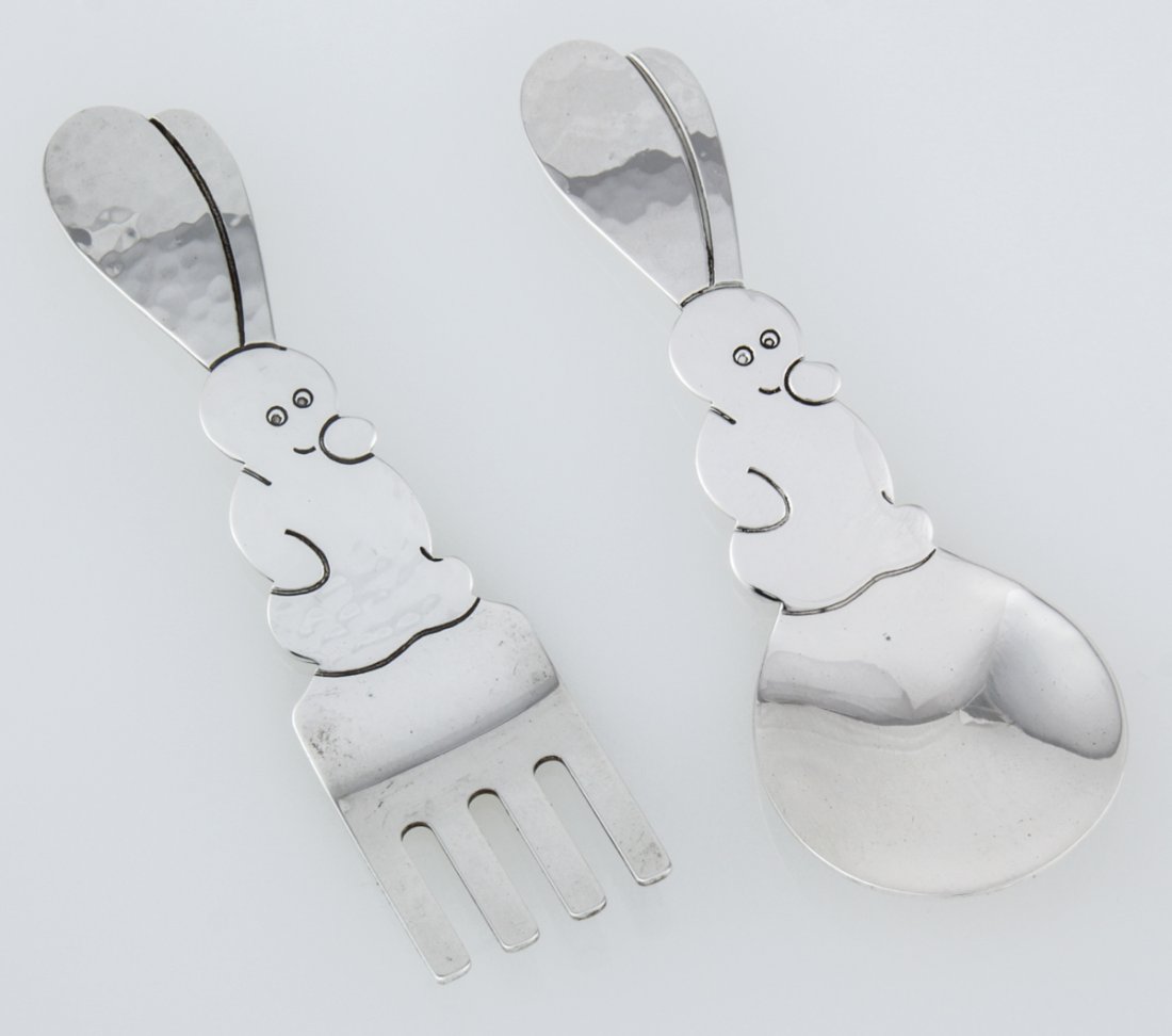 Allan Adler Handwrought Baby Fork & Spoon: Allan Adler Handwrought Baby Fork & Spoon. Children's Utensils marked Hand Hammered Sterling. 4"L (10 cm). Weight: 39 g.