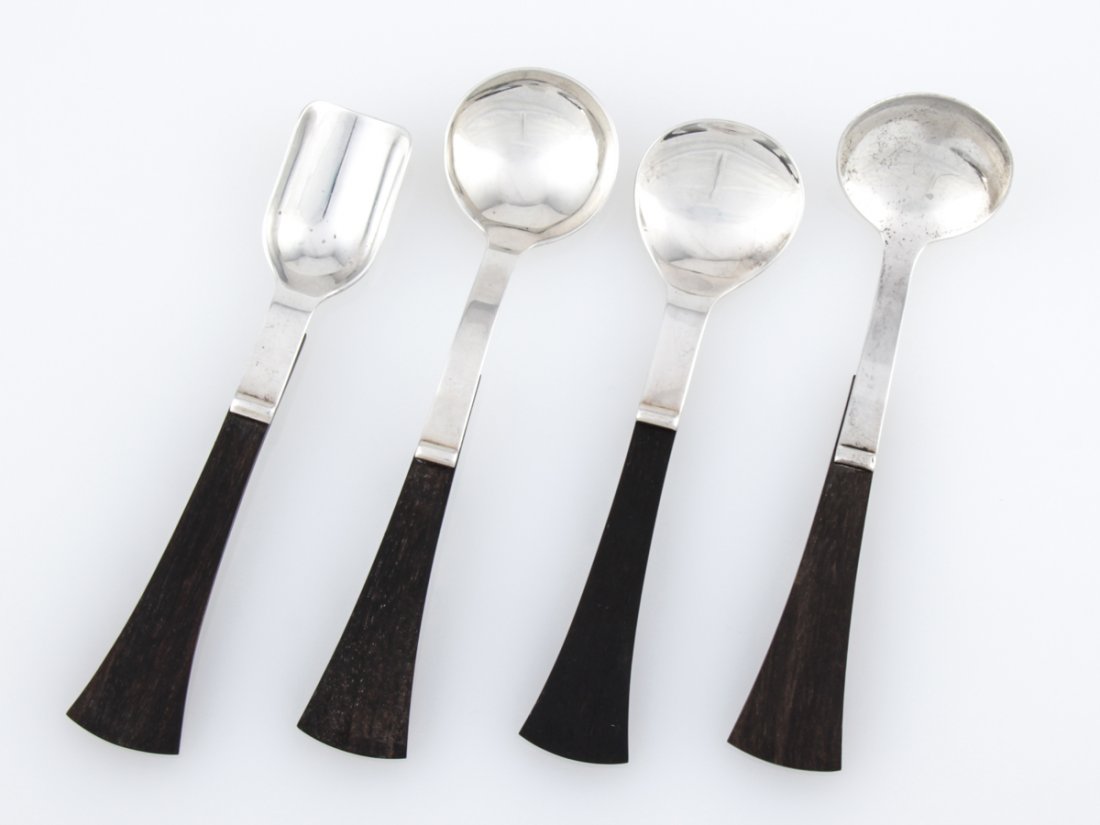 Relda Silver and Ebony Servers: Relda Silver and Ebony Servers marked Sterling. Handmade Set 4 comprised of Ladle, Short Spoon, Long Spoon, Scoop. Relative to Famed Silversmith Allan Adler. 7" (18 cm) the longest. Weight: 5.26 ozt.