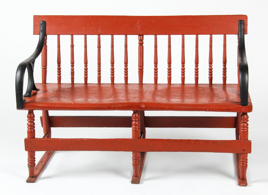 Rustic Railway Station Bench: Rustic Railway Station Bench with cast iron armrests. Size: 34.5" x 50.5" x 21" (88 x 128 x 53 cm).