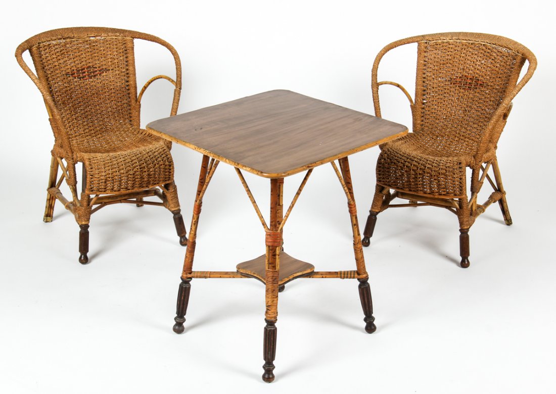 3 pc Suite of Victorian Era Bamboo and Rattan Seating: 3 pc Suite of Victorian Era Bamboo and Rattan Seating with 2 chairs and a table. Australian. Stamped FECLA. Size: 29" x 24.5" x 24.5", 74 x 62 x 62 cm (table); 29" x 24" x 25", 74 x 61 x 64 cm (each c