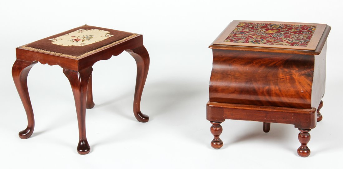 Lot of 2 Antique Bedroom Accessories: Lot of 2 Antique Bedroom Accessories. Consisting of an empire style chamber pot and Chippendale style footstool. Size: 17" x 17.5" x 17.5" (43 x 44 x 44 cm) and 16" x 15" x 19" (41 x 38 x 48 cm).