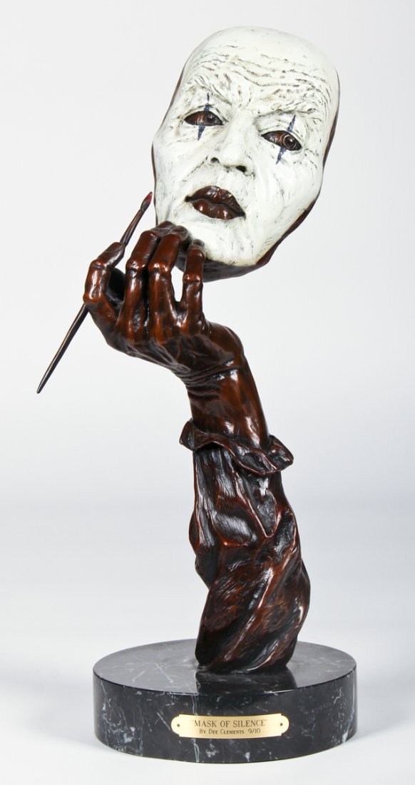 Dee Clements (American, b.1947) Mask of Silence: Dee Clements (American, b.1947) Mask of Silence, Patinated and cold painted metal sculpture, from an edition of 10. Size: 21"H, (54 cm). Philadelphia Center City estate.