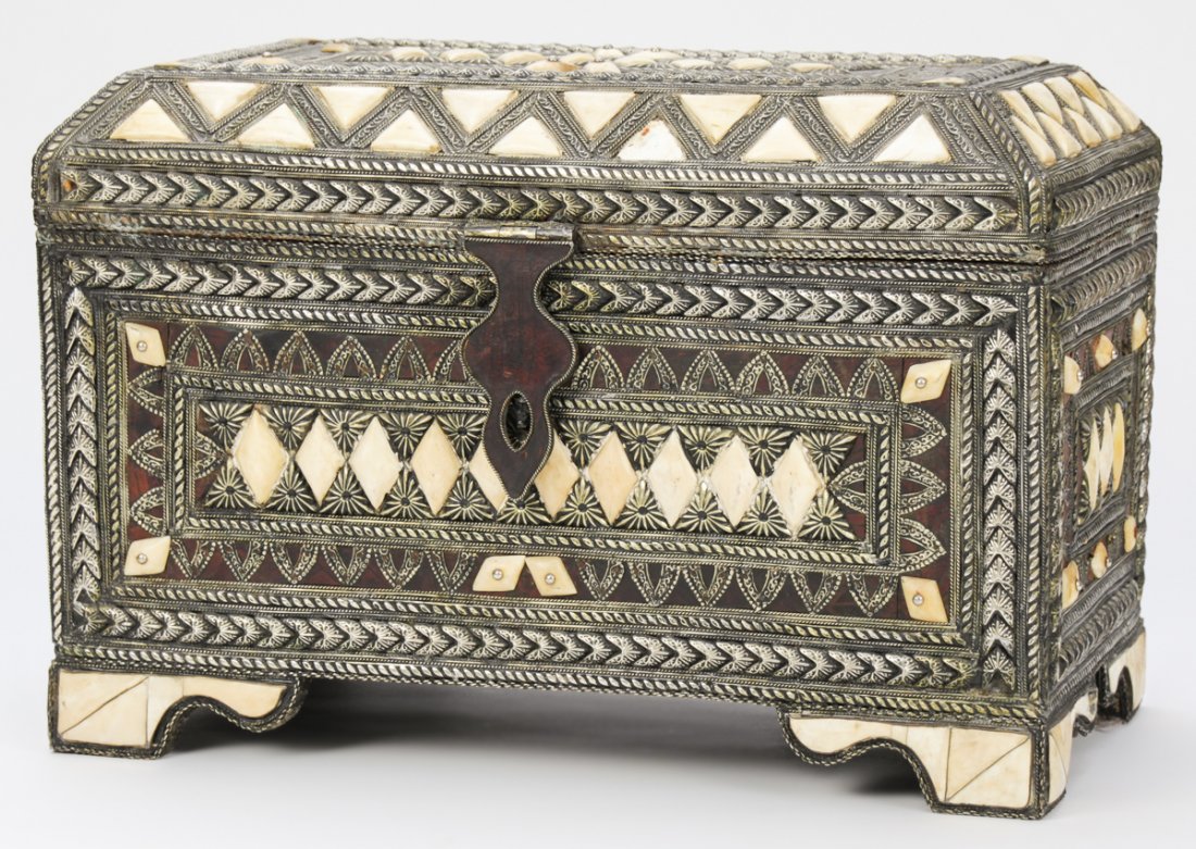 Vintage Moroccan Metal and Bone Overlay Chest: Vintage Moroccan Metal and Bone Overlay Chest. Size: 13" x 19" x 11" (33 x 48 x 28 cm).