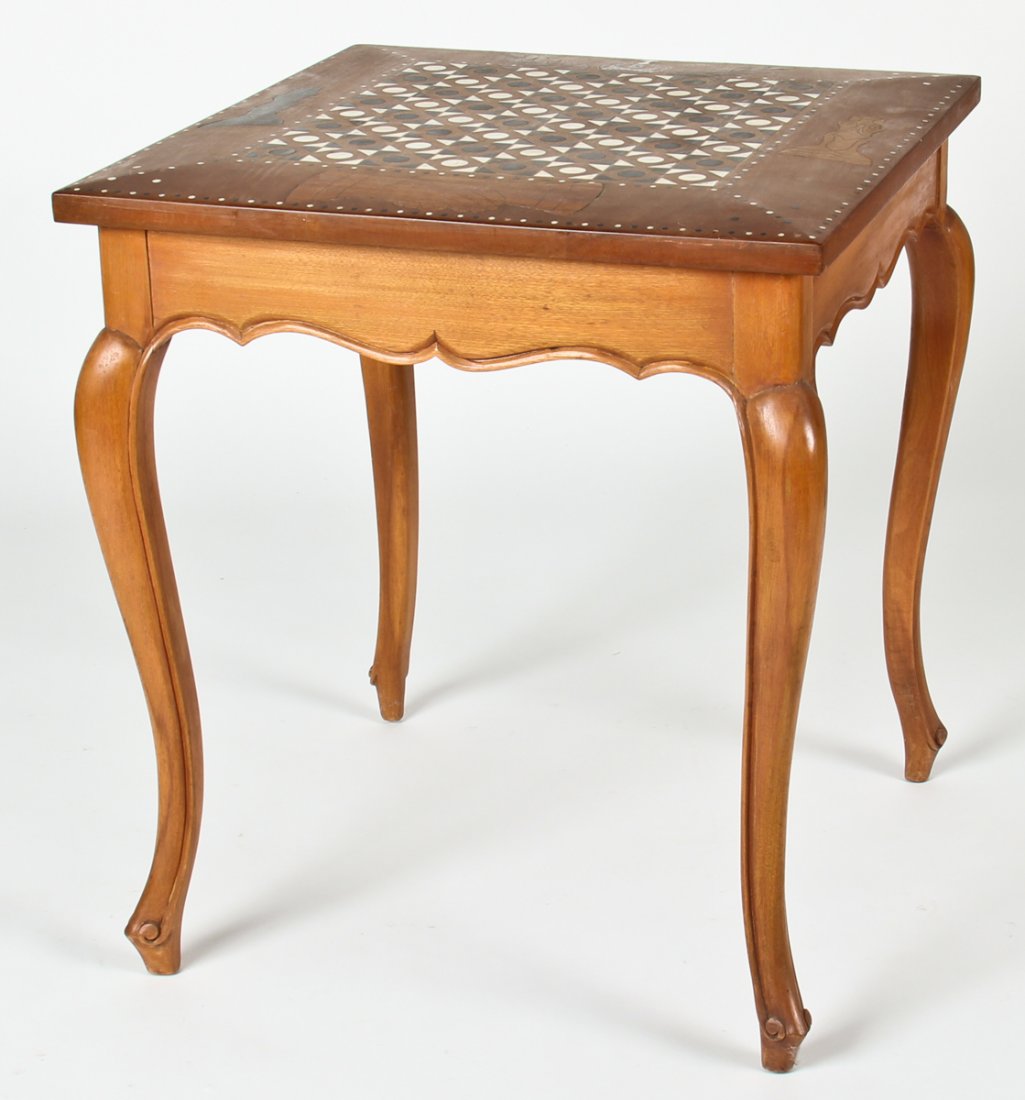 Unique Whale Ivory, Ebony, and Rosewood Inlaid Chess: Unique Whale ivory, ebony, and rosewood inlaid chess table. Made by Walter Lorentzen, American, early 20th c. The square playing surface inlaid with various exotic woods depicting clasped hands, a che