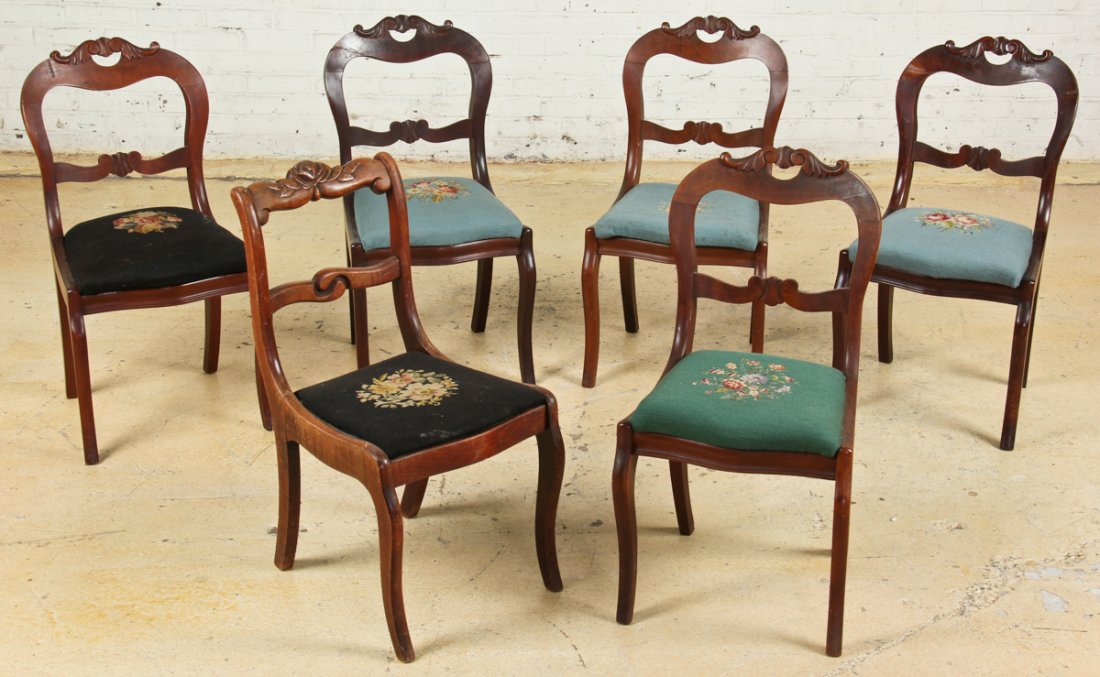 Six Victorian Chairs: 6 Victorian chairs. Size: 33.5" x 18" x 21" (85 x 46 x 53 cm). Provenance: Kristina Barbara Johnson Estate, Princeton, New Jersey.