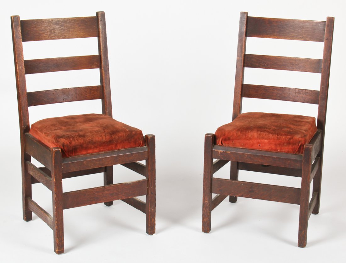 Pair LGJ Stickley Chairs: Pair LGJ Stickley Chairs. Size: 28" x 40" (71 x 102 cm).
