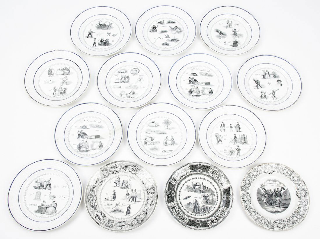 Group of 19th c. French Rebus Transferware Plates: Group of 19th c. French Rebus Transferware Plates. Consisting of 11 Hautin & Boulanger De Choisy c. 1835 with 3 additional random plates. Size: From 7.75" to 8.25" (20 to 21 cm).