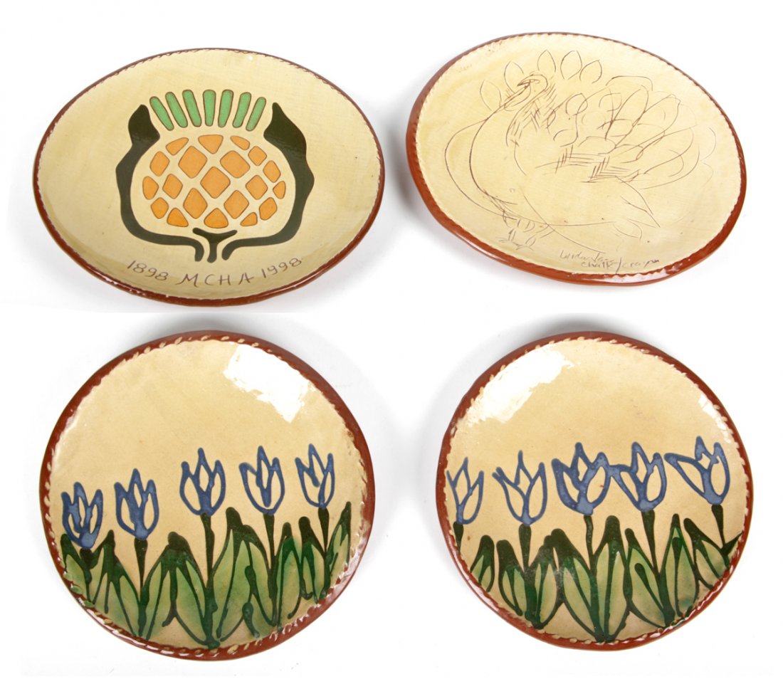 Group of 4 Glazed Ceramic Redware Plates: Group of 4 Glazed Ceramic Redware Plates, unknown artist, 1995-2000. Ranging in size from: 7" x 7" (18 x 18 cm) to 10" x 10" (25 x 25 cm). Provenance: Kristina Barbara Johnson Estate, Princeton, New J
