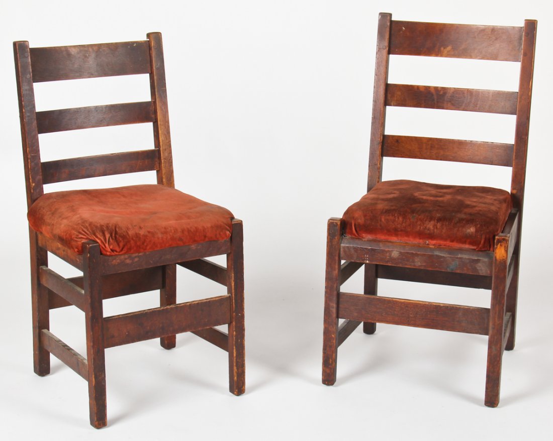 Pair Arts and Crafts Style Chairs: Pair Arts and Crafts style chairs. 1 stamped The works of LGJ Stickley. Size: 28" x 40" (71 x 102 cm).