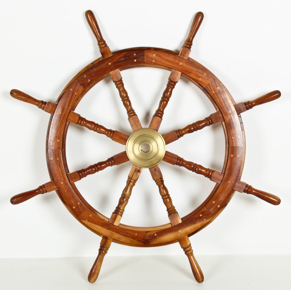 Vintage Ship's Wheel: Vintage ship's wheel, wood and brass. Size: 43" x 43" x 2" (109 x 109 x 5 cm).