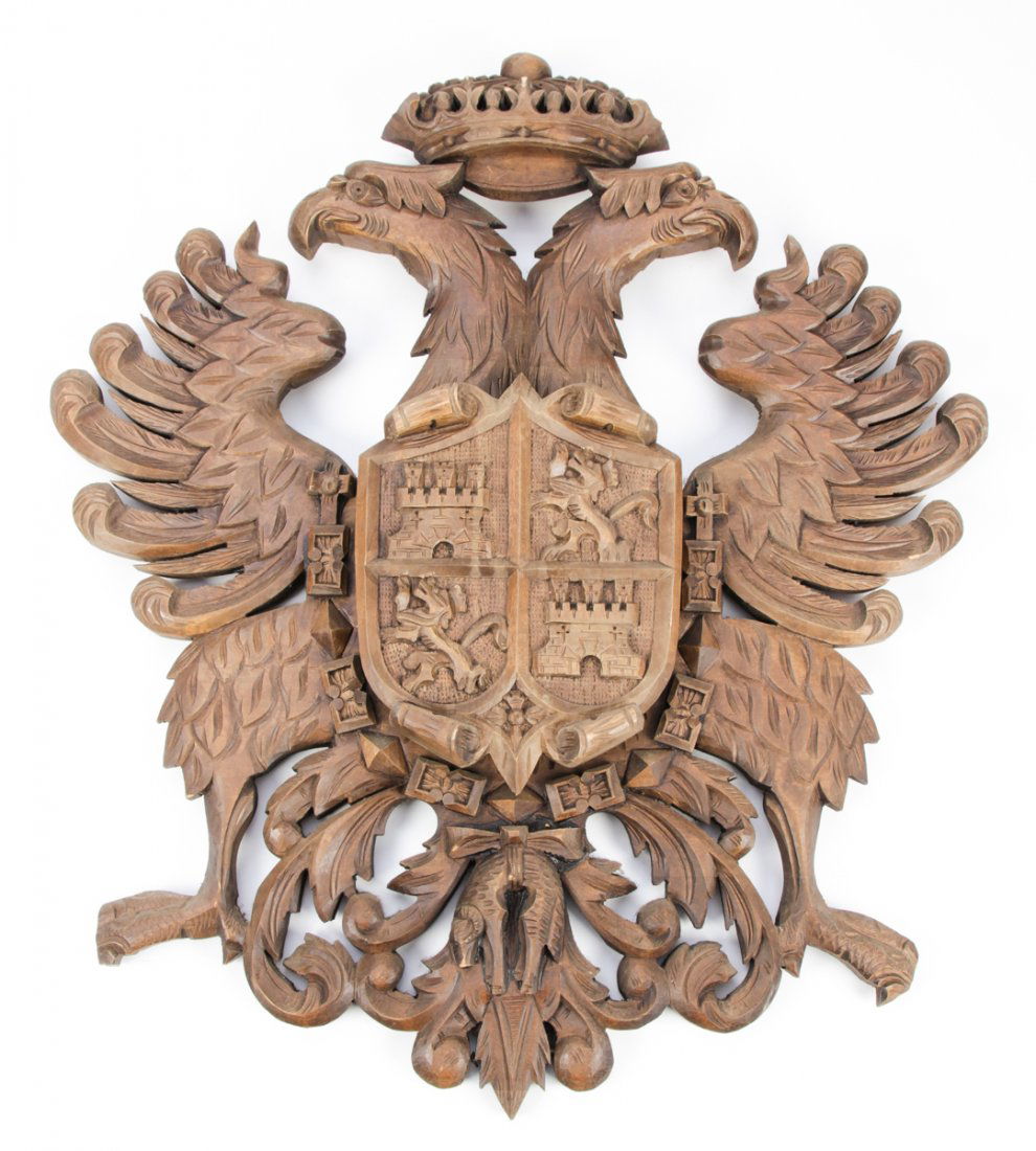 Antique Spanish Coat of Arms Wood Carving: Antique Spanish Coat of Arms Wood Carving Size: 26" x 23" x 3" (66 x 58 x 8 cm). Bucks county estate.