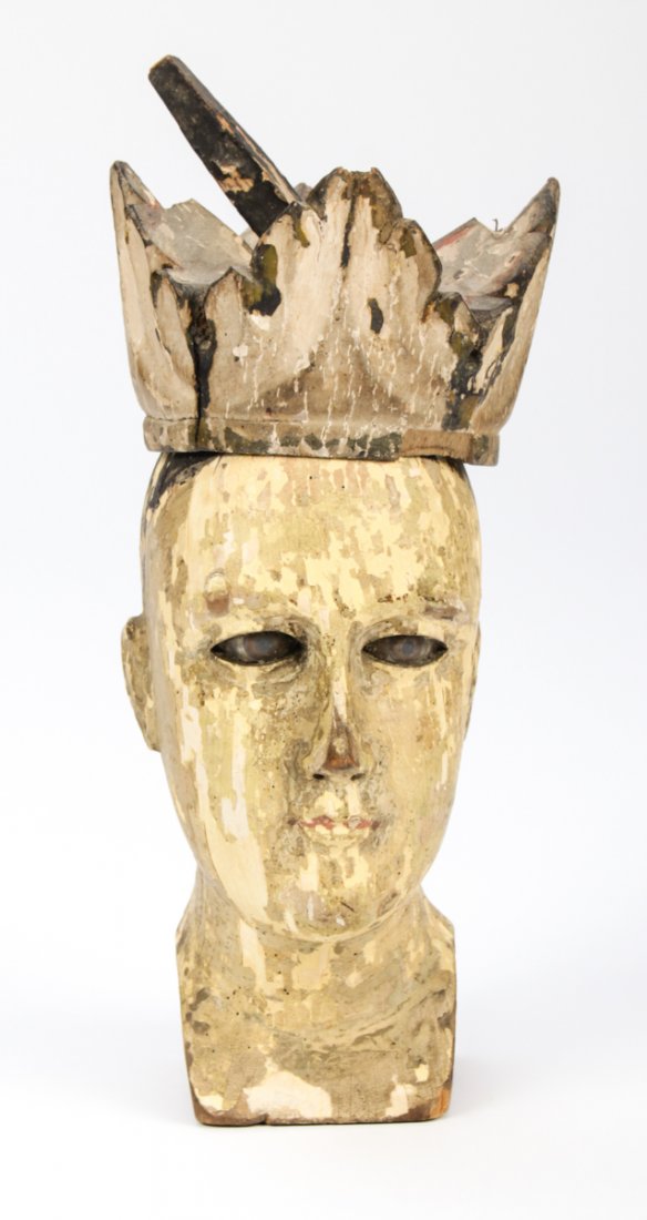 Antique Venetian Puppet Head: Antique Venetian Puppet Head. Carved and painted wood, glass eyes. Size: 8" x 3.5" x 3.5" (20 x 9 x 9 cm).