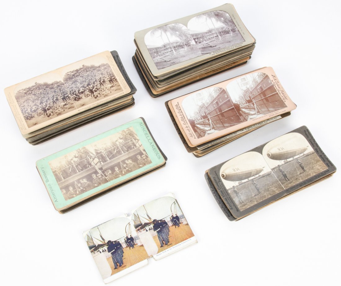 Lot of 97 Militaria Related Stereographic Viewing Cards: Lot of 97 Militaria Related Stereographic Viewing Cards. Views include battle scenes and locales, photos of dignitaries and Presidents, as well as scenes of the soldier life in the the ranks. Size: Ap