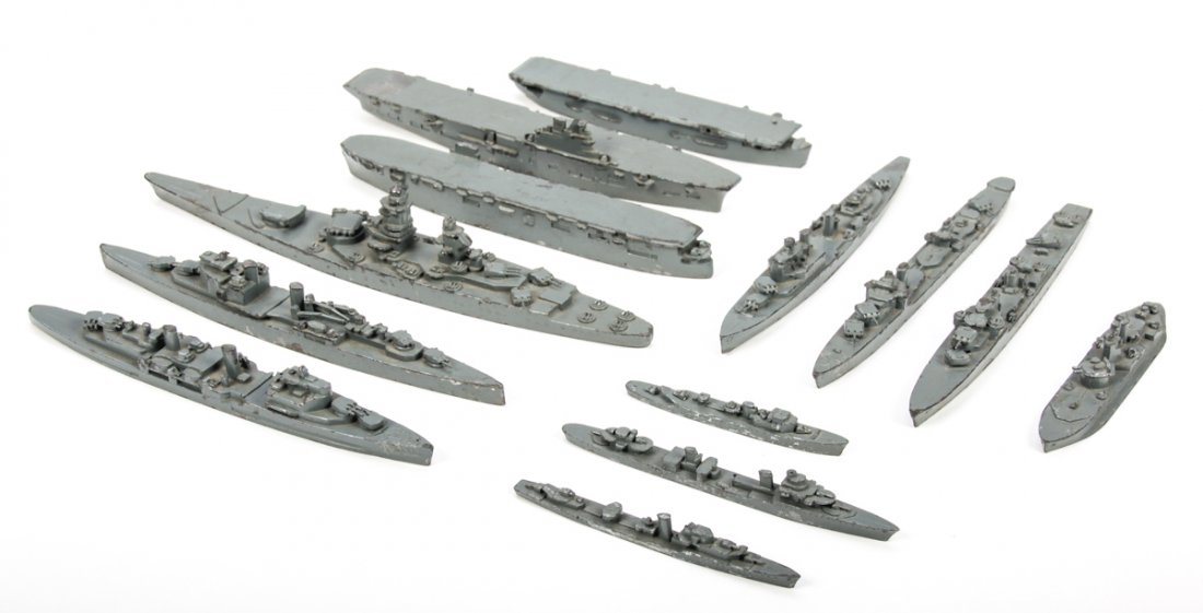 H A Framburg Miniature British Naval Ships: H A Framburg Miniature British Naval Ships. Group of 13 diecast metal ships. Size: From 3" to 8" in length (8 to 20 cm).
