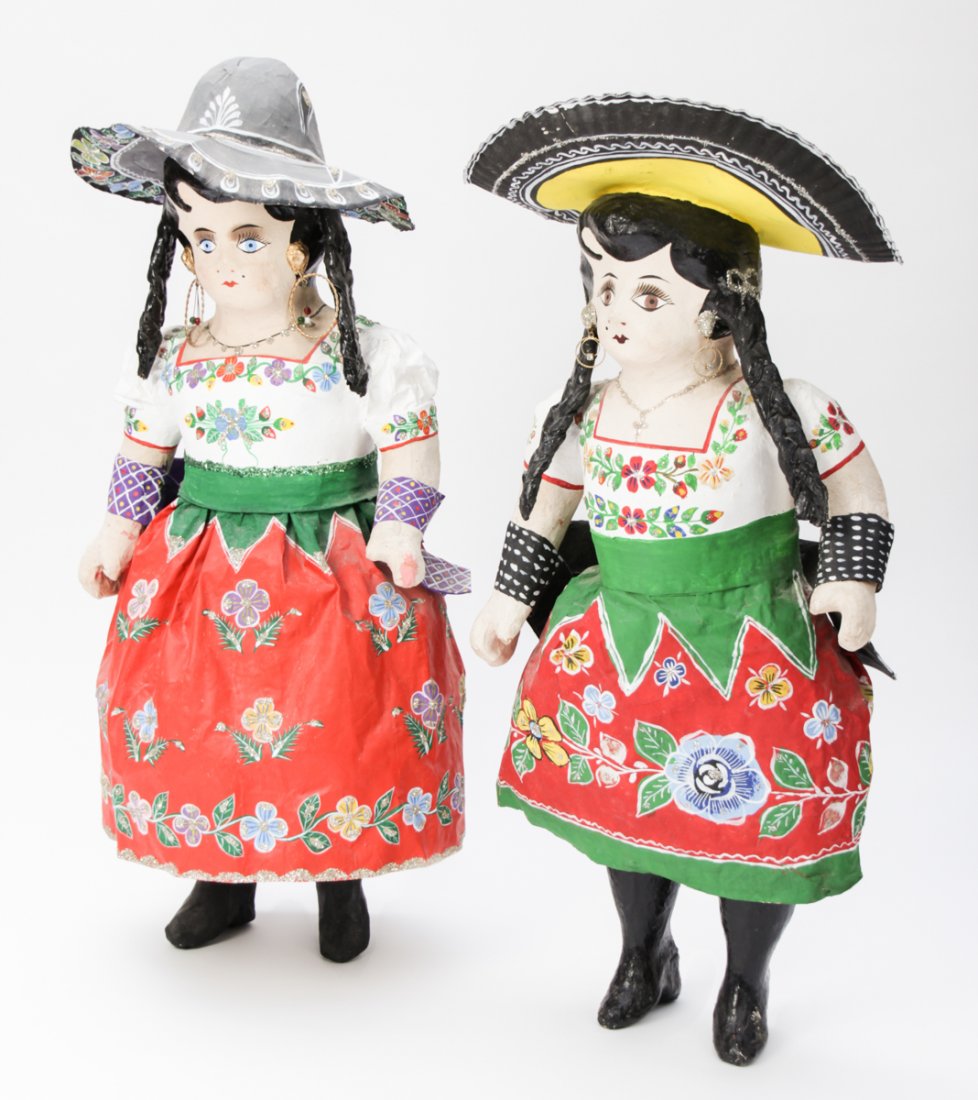 Pair Mexican Folk Art Papier Mache Pueblitas: Pair Mexican Folk Art Papier Mache Pueblitas. Size: 29.5" x 12" x 11" (75 x 30 x 28 cm) and 29.5" x 12" x 7.5" (75 x 30 x 19 cm).