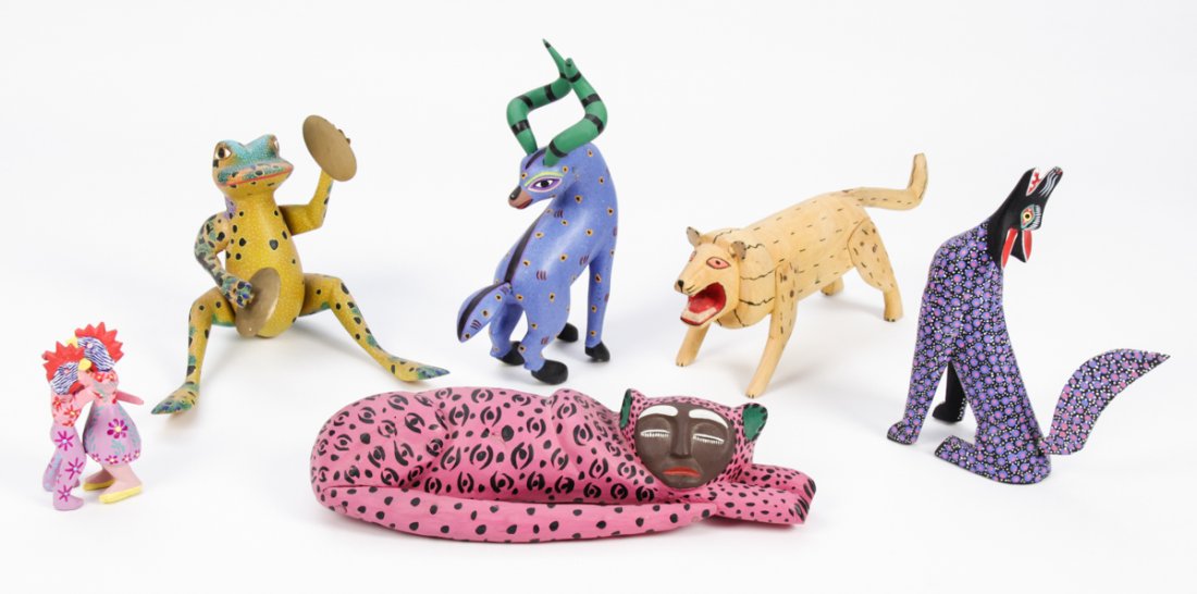 Zoomorphic Suite of 6 Carved and Painted Creatures: Zoomorphic suite of 6 carved and painted creatures. Mexican. Including a frog signed David Blas, a lion signed Maximus Santiago Garcia, a recumbent leopard signed Manuel Jimenex y familia, a coyote si