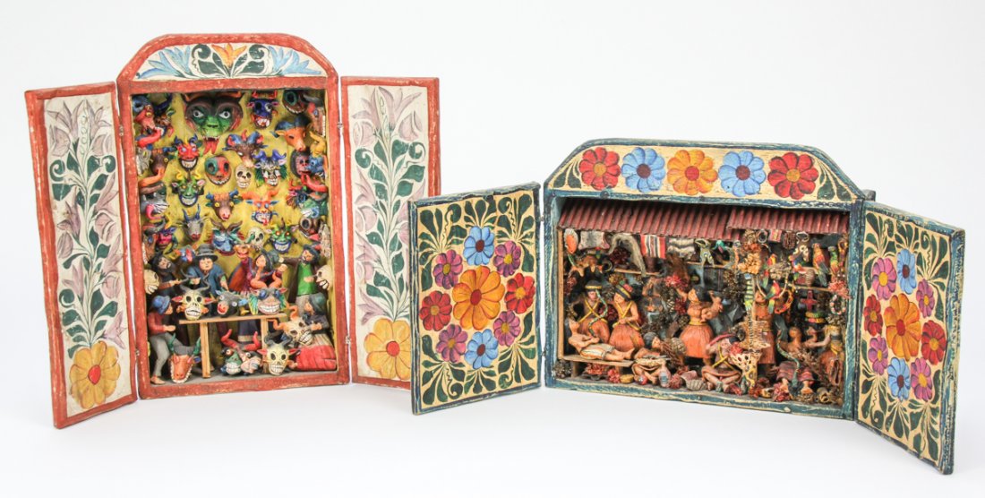 2 Peruvian Retablo Dioramas: 2 Peruvian Retablo Dioramas. Size: 13.5" x 8" x 3" and 10" x 12" x 3" (34 x 20 x 7.5 cm and 25.5 x 30.5 x 7.5 cm).