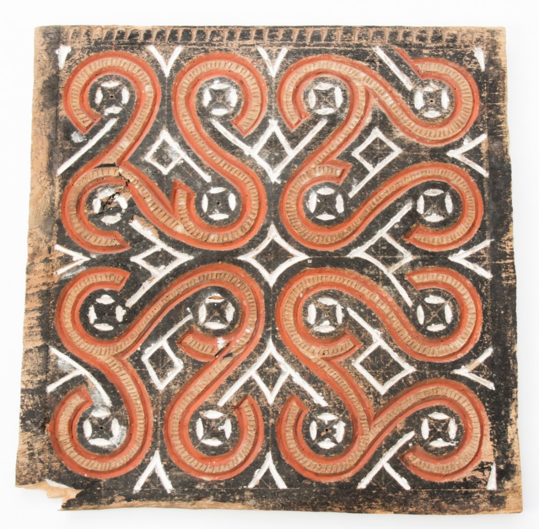 Antique Toraja Panel: Antique Toraja Panel, Indonesia, carved wood with polychrome decoration. Size: 16.5" x 16" x 1.5" (42 x 41 x 4 cm).
