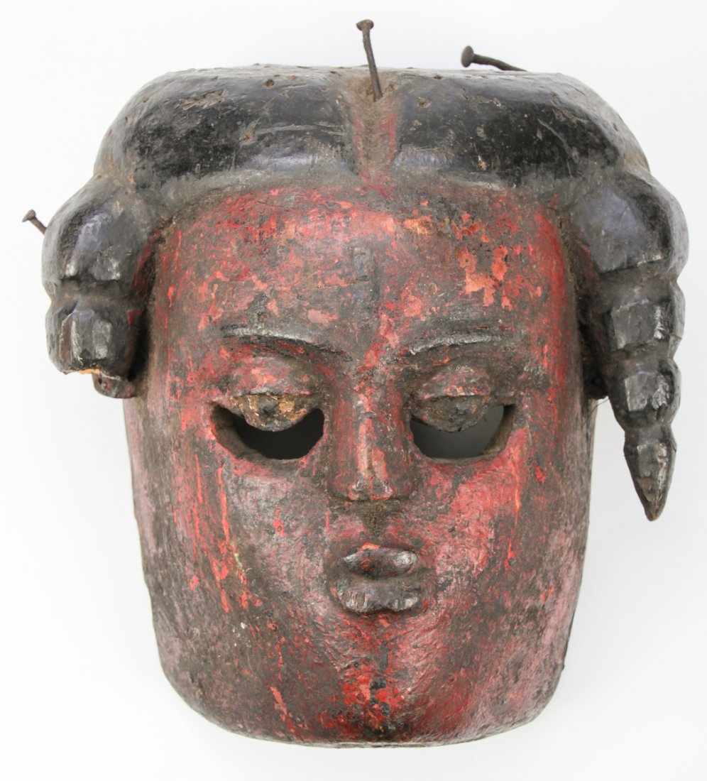 Antique Mexican Mask: Antique Mexican Mask, carved wood and paint, patina. Size: 9" x 8" x 5" (23 x 20 x 13 cm).