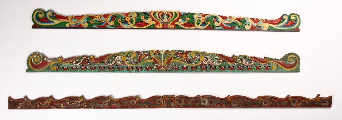 Group of 3 Antique Indonesian Wedding Bed Elements: Group of 3 Indonesian Wedding Bed Elements. Carved and painted wood. Size: Longest measures 4.5" x 107" x 1" (11 x 272 x 2.5 cm).