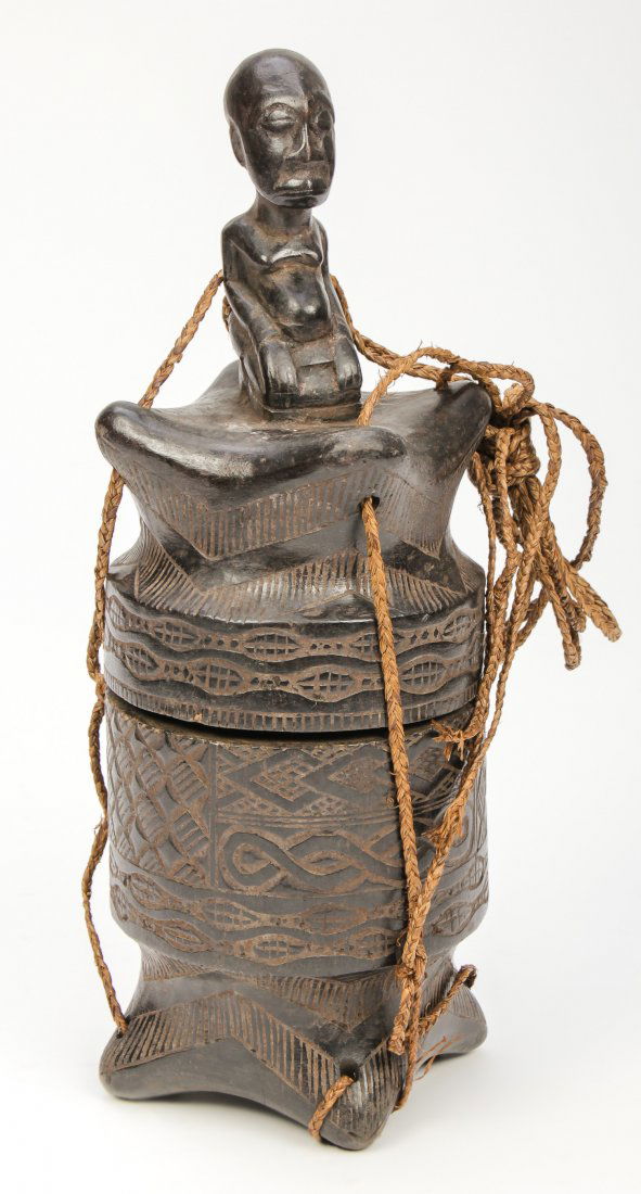 Kuba Lidded Vessel: Kuba Lidded Vessel. African. Size: 9" x 5.5" x 5.5" (23 x 14 x 14 cm).