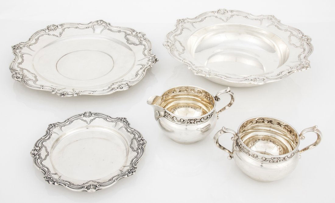 5 Pc Gorham Silver Suite: 5 Pc Gorham Suite. A charger, a bowl, creamer and sugar and a wine coaster. First 4 marked sterling. Coaster unmarked. Ranging in size from 2.75" x 5" x 3" (7 x 13 x 8 cm) to 2" x 10.5" x 10.5" (5 x 2