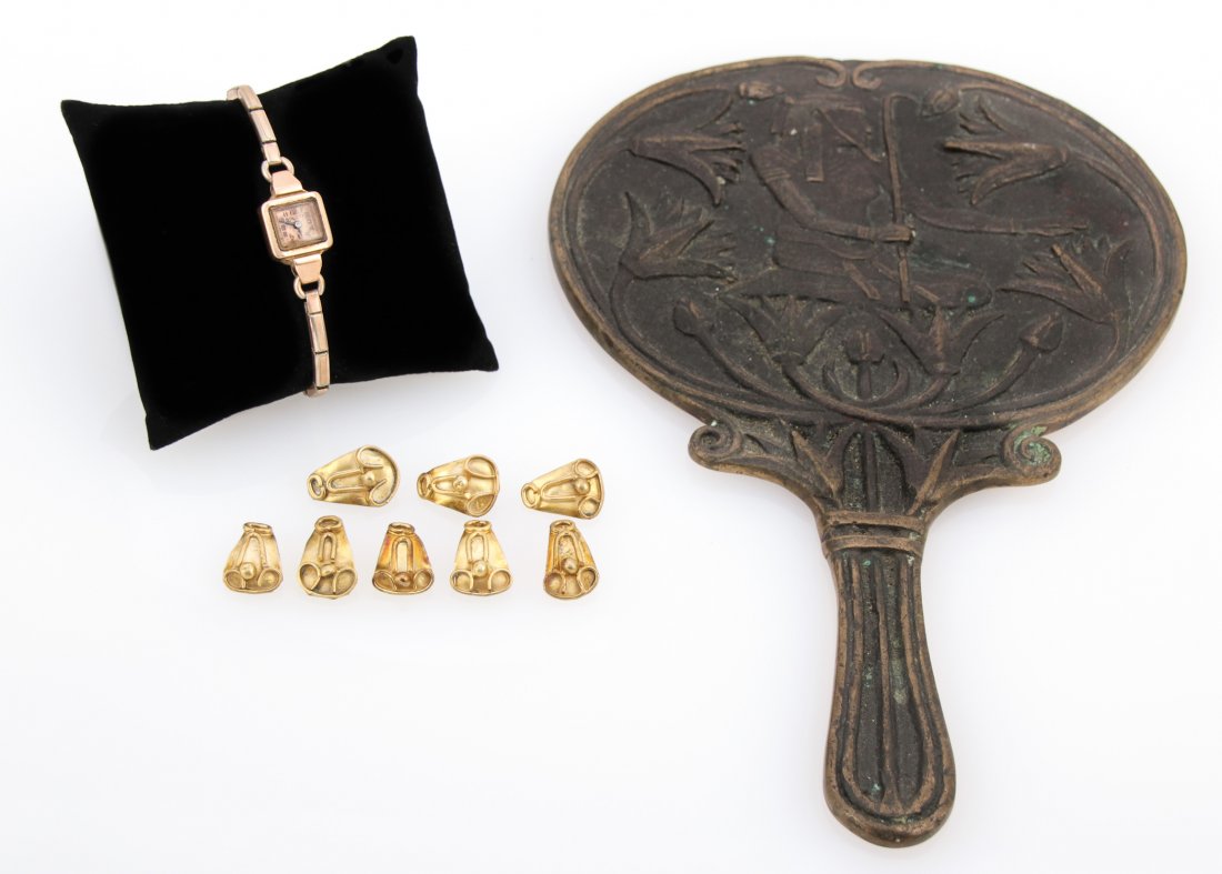 Art Nouveau Estate Suite: Art Nouveau Estate Suite. Consisting of shirt buttons, estate watch , and an Egyptian revival bronze mirror. Size: From 0.75" x 0.5" (2 x 1 cm) t0 9.5" x 6" (24 x 15 cm).