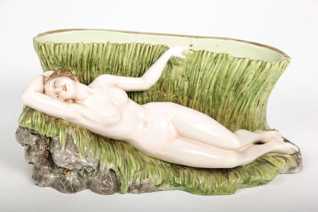 Carmelo Ganci for Capodimonte Figural Jardiniere: Carmelo Ganci for Capodimonte Figural Jardiniere. Signed Ganci. Size: 5.75"H x 13"W (15 x 33 cm).