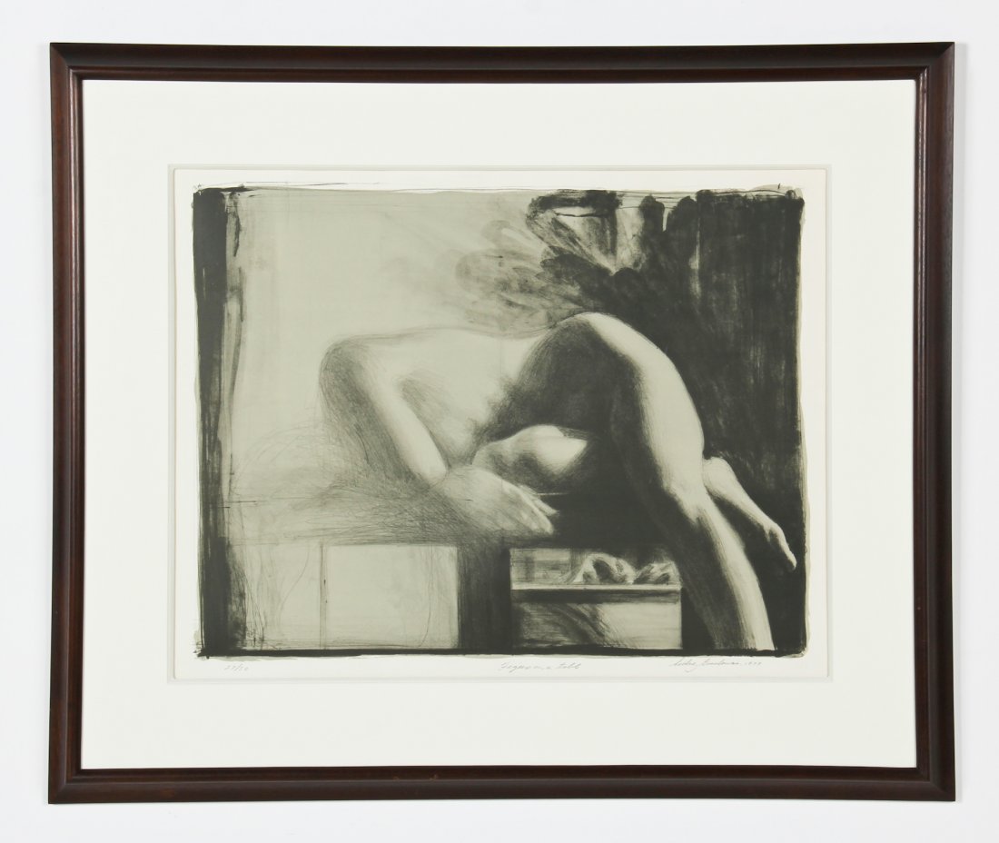 Sidney Goodman (American/Philadelphia, 1936-2013): Sidney Goodman (American/Philadelphia, 1936-2013) Figure on a Table, 1979, lithograph from an edition of 30, framed. Size: 23" x 29.5", 58 x 75 cm (sight), 34.25" x 40.75", 87 x 104 cm (frame).