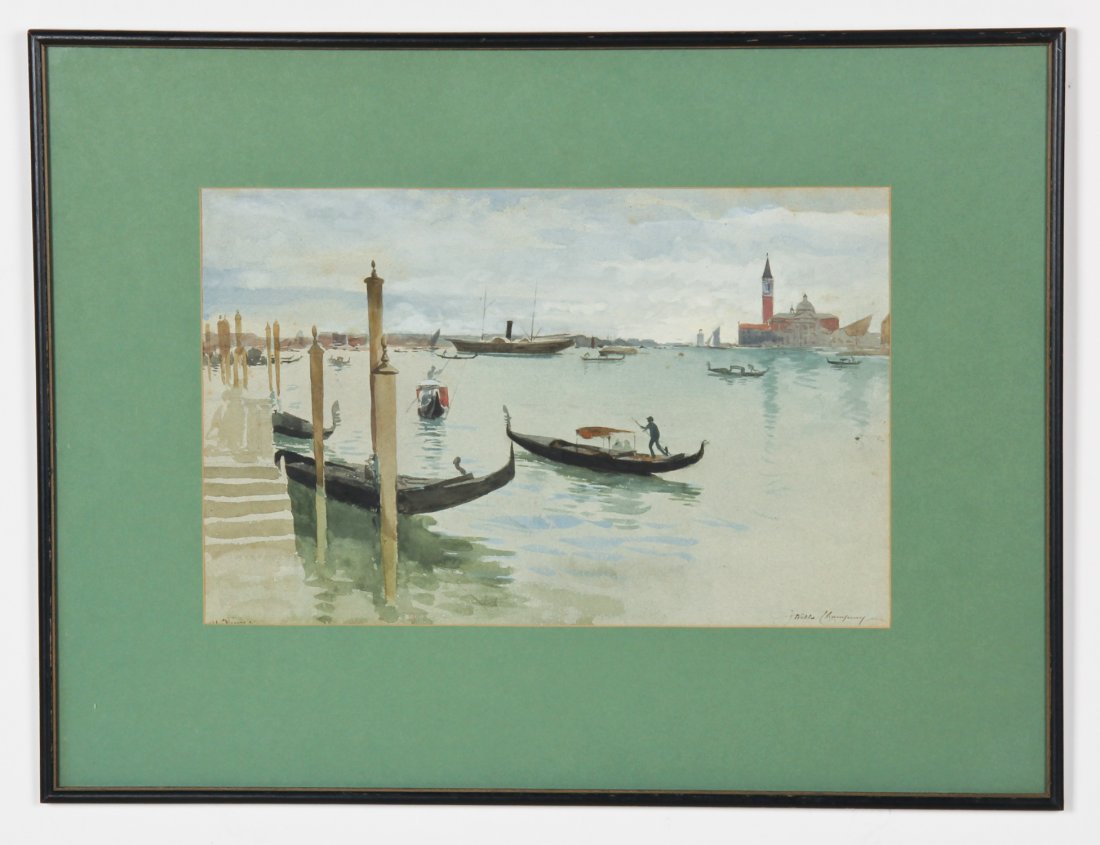James Wells Champney (American, 1843-1903) Venice: James Wells Champney (American, 1843-1903) Venice Canal Scene, watercolor, some discoloration to the sheet. Size: 10.5" x 16.5", 27 x 42 cm (sight); 18.5" x 24.5", 47 x 62 cm (frame).