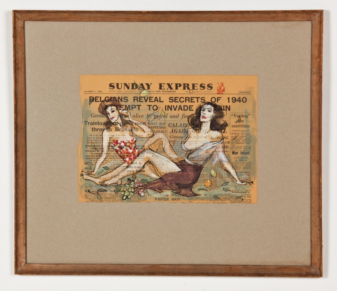 Emlen Pope Etting (American, 1905-1993): Emlen Pope Etting (American, 1905-1993) Untitled (Figure Study), mixed-media painting on newspaper, float mounted. Size: 11.5" x 16.5", 29 x 42 cm (sheet); 24" x 28", 61 x 71 cm (frame).