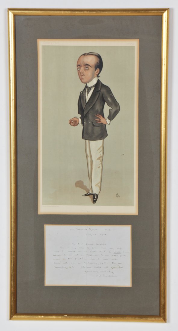 Late 19th C Vanity Fair Caricature of Max Beerbohm: Late 19th C Vanity Fair Caricature of Max Beerbohm AKA The Dandy Dante. Framed with a hand written letter to Gerard Hopkins dated 1936 and signed by Mr. Beerbohm. Size: 24.5" x 12.5", 62 x 32 cm (fram