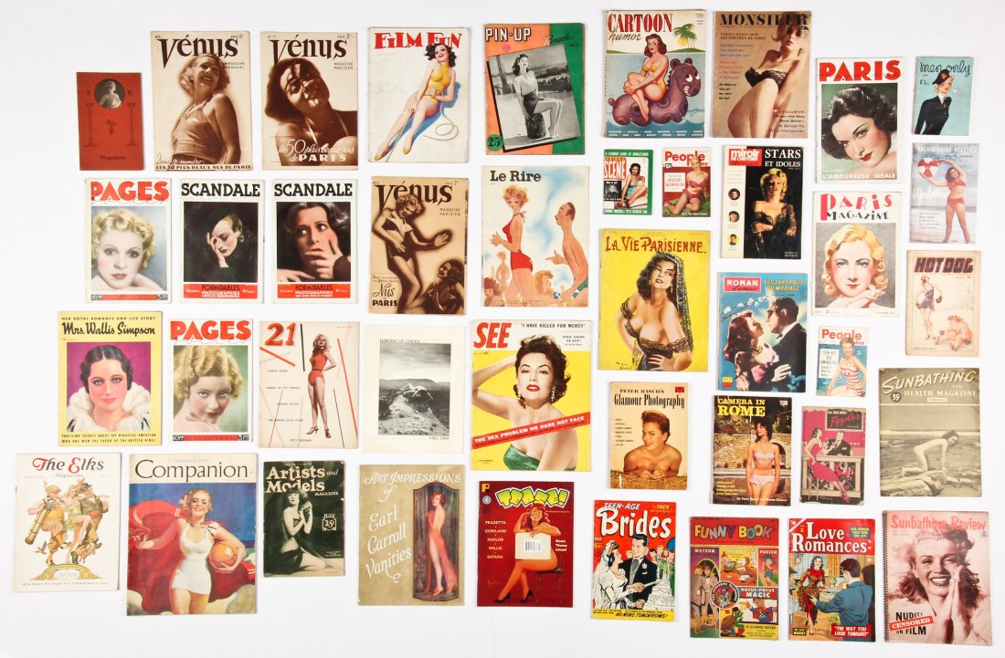 Group of 40 Vintage Magazines: Group of 40 Vintage Magazines including Venus, Film Fun, Pin-Up, Cartoon Humor, Monsieur, Paris, Men Only, Scandale, Le Rire, Paris Magazine, Hot Dog, 21, Seee, Peter Basch's Glamour Photography, Came