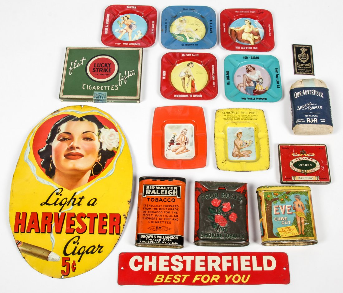 Collector's Lot of Vintage Advertising: Collector's Lot of Vintage Advertising including several pinup girl tin ashtrays. Size: Largest measures 12" x 8" (30 x 20 cm).