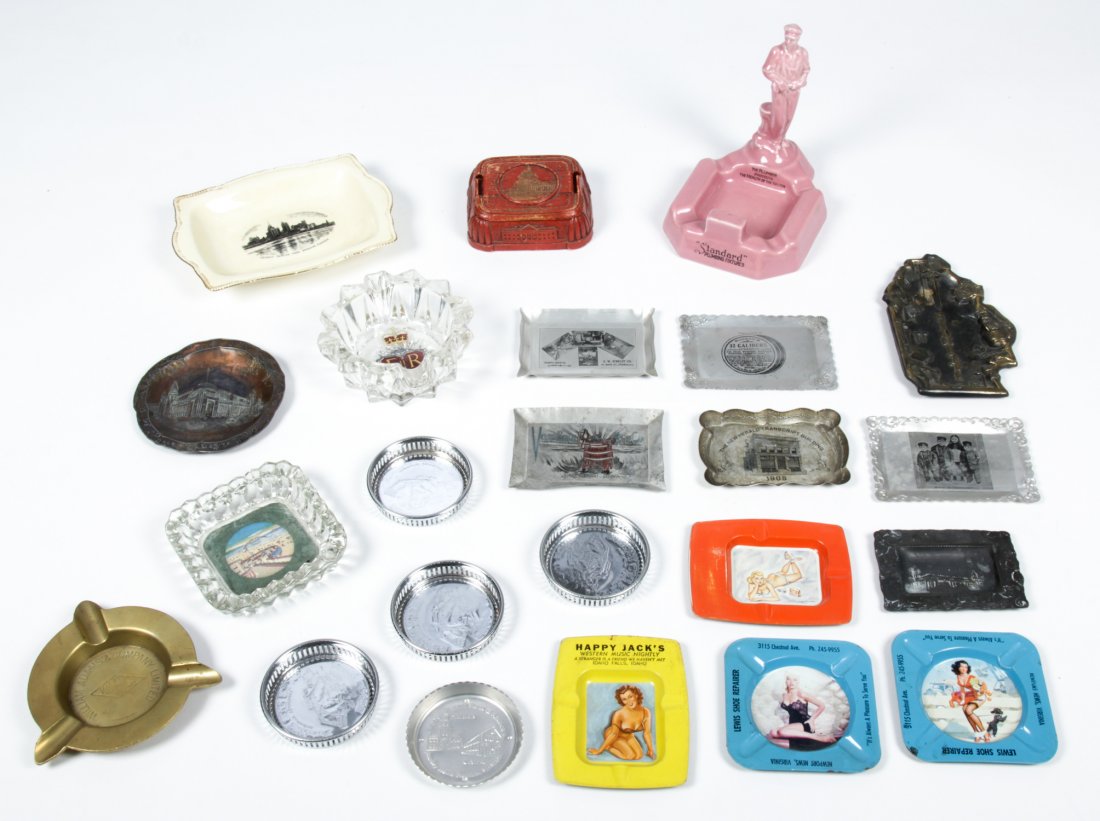 23 Vintage Ashtrays: 23 Vintage Ashtrays. Size: 7" x 5.25" x 6.5", 18 x 13 x 17 cm (largest).
