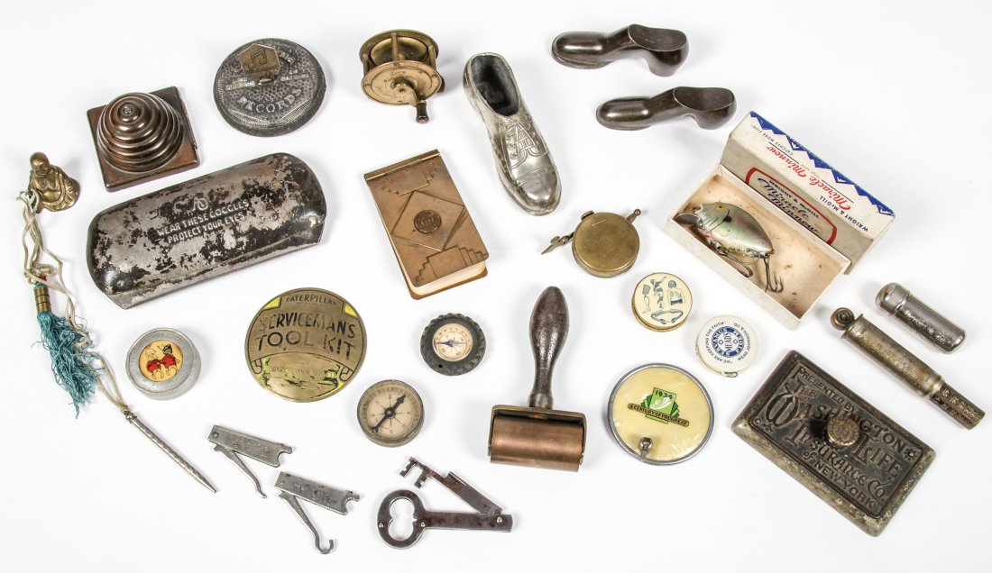 Gentleman's Collection of Curiosities: Gentleman's Collection of Curiosities. Consisting of irresistible items such as an antique Ebro fishing reel, an Odd Fellows beehive paperweight, a Miracle Minnow fishing lure and numerous other colle