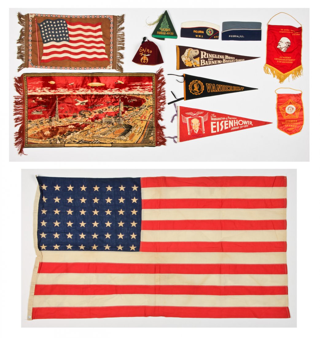 Collector's Lot of Banners and Regalia: Collector's Lot of Banners and Regalia. 12 pc lot including a 48 star American Flag, Felt Souvenir Banners, Armed Forces Hats, Russian Banners, a Masonic fez, and a Tall Cedars of Lebanon hat. Size: 3