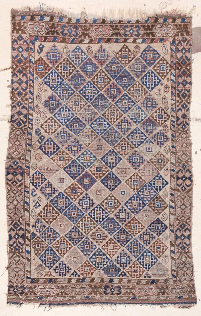 Balouch Rug: 3'2" x 4' (97 x 122 cm): Balouch Rug, Afghanistan, 19th c, worn, fraying. Size: 3'2" x 4' (97 x 122 cm).