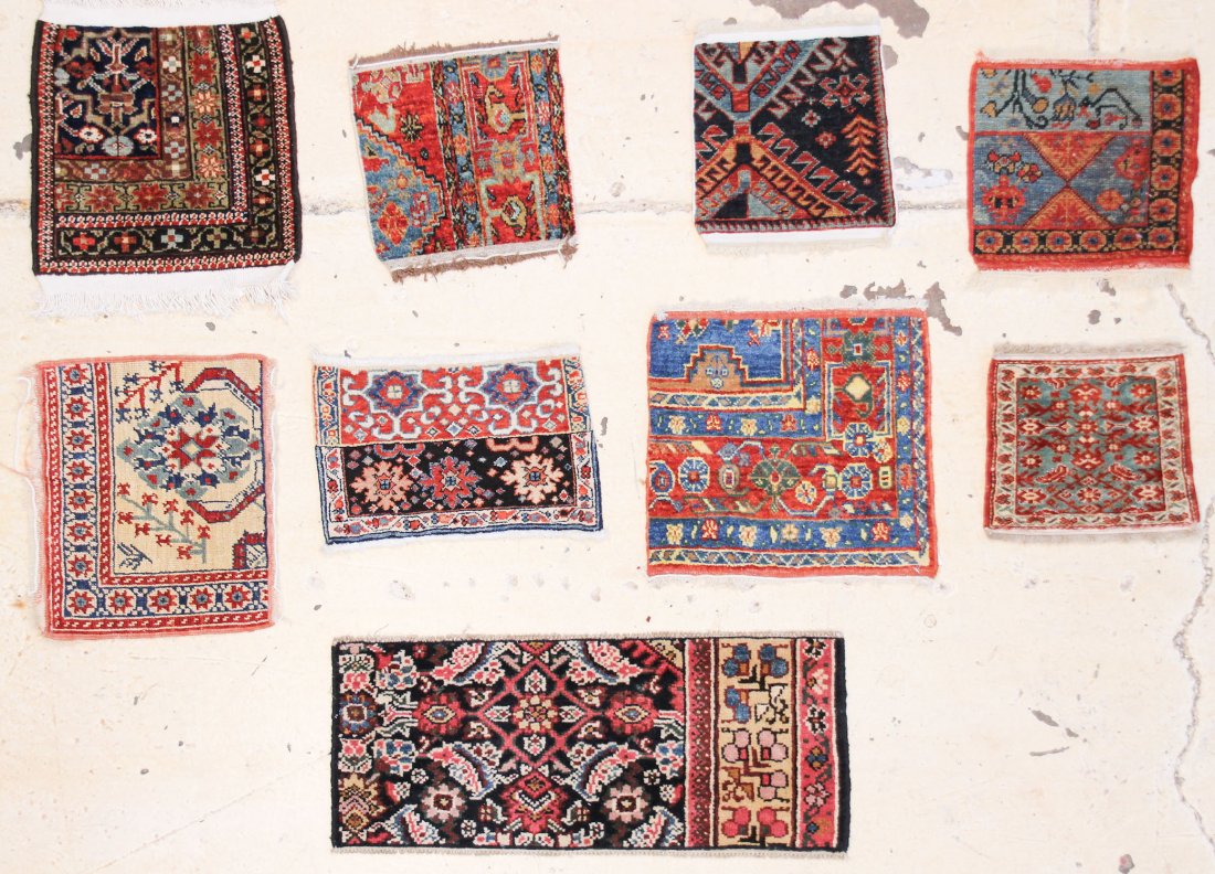 9 Sampler "Wagireh"Rugs: Nine Sampler "Wagireh" Rugs, Turkey, natural dyes, variety of weaves. These are not cut fragments, each one is finished on all sides. Ranging in size from 1' x 10" (30 x 25 cm) to 1' x 2'9" (30 x 84 c